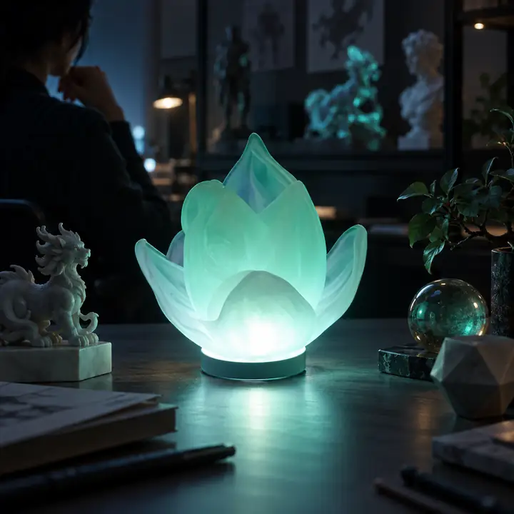 Leuchtende, von einer Lotusblüte inspirierte 3D-Lampe mit durchscheinenden, geschichteten Blütenblättern