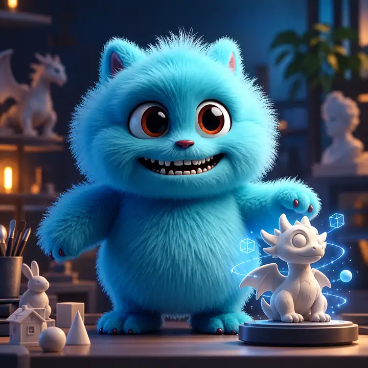 Großes, freundliches blaues 3D-Wesen, das in einem sanft beleuchteten Studio steht