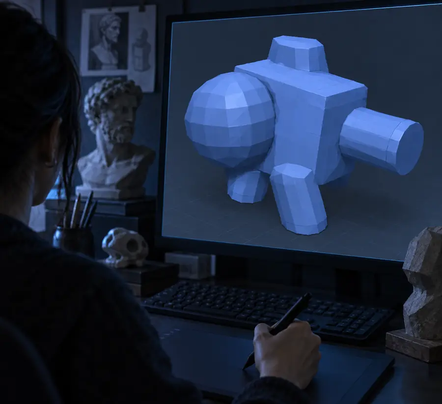 Ein grobes 3D-Anfängermodell mit einfach ausgeblockten Formen